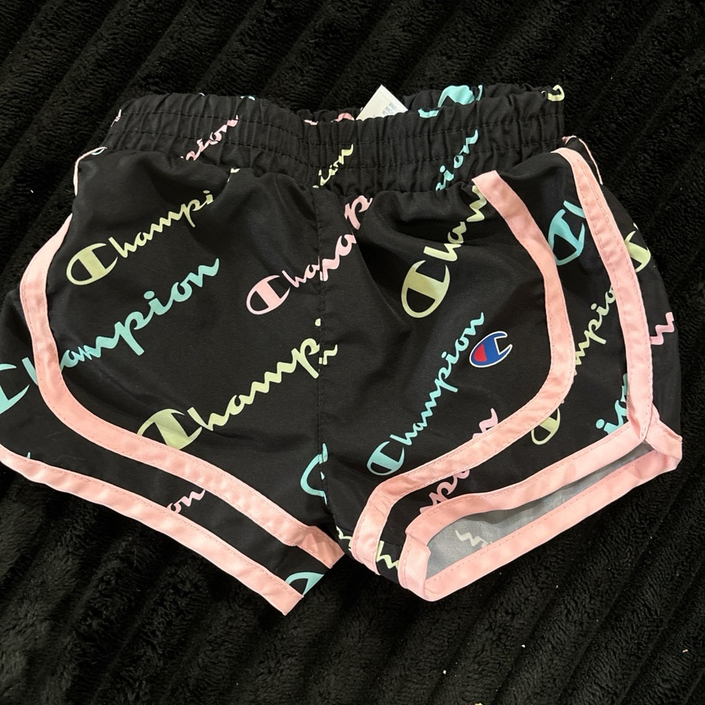 Champion Black Athletic Shorts with Pastel Script and Pink Trim